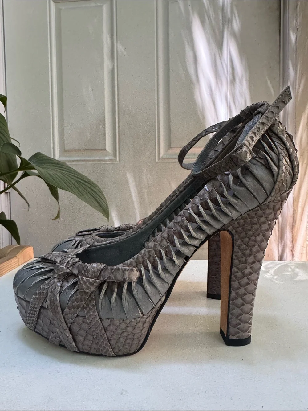 Dior Gray Woven Leather Platform Pumps with Ankle Strap